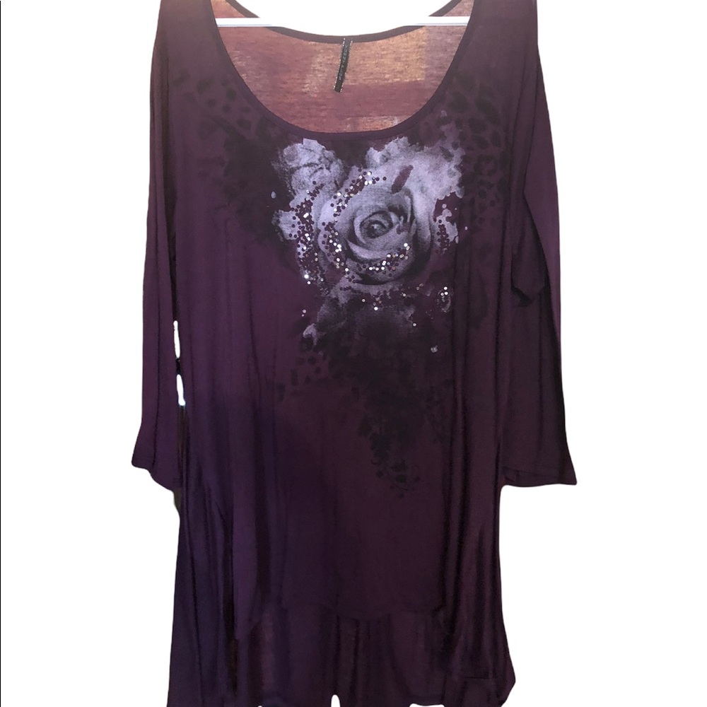 Plum Coloured Plus Size Tunic With Rose and Sequins